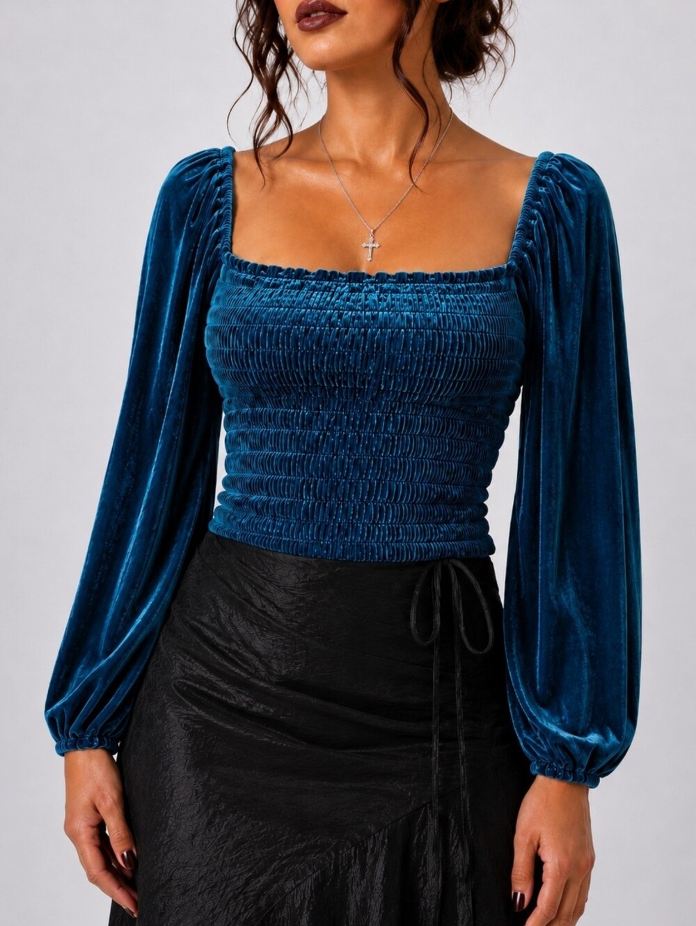 Anthropologie Teal Blue Velvet Smocked Puff Sleeve Top S Milkmaid Romantic Goth